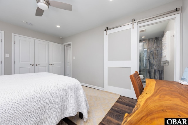 24 First Ave Lot # 14, Southern Shores, NC 27949 - bedroom with a ceiling fan, wood finished floors, baseboards, a closet, and recessed lighting