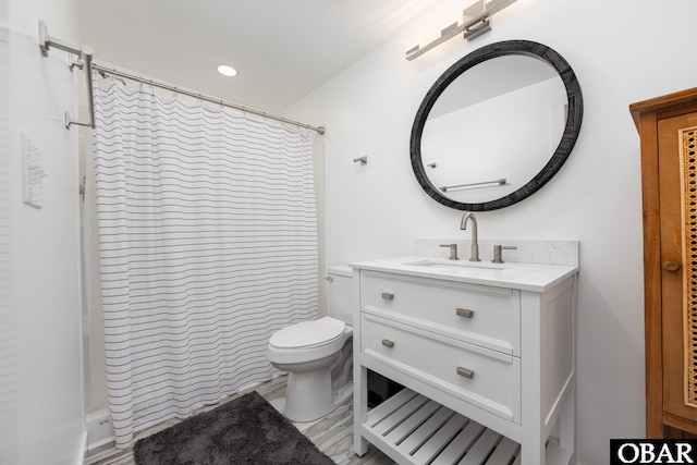 24 First Ave Lot # 14, Southern Shores, NC 27949 - bathroom with toilet, recessed lighting, a shower with shower curtain, and vanity