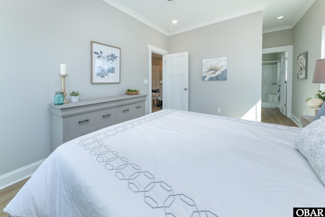 bedroom featuring baseboards, ornamental molding, wood finished floors, and recessed lighting