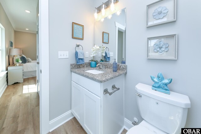 ensuite bathroom with toilet, wood finished floors, connected bathroom, and vanity