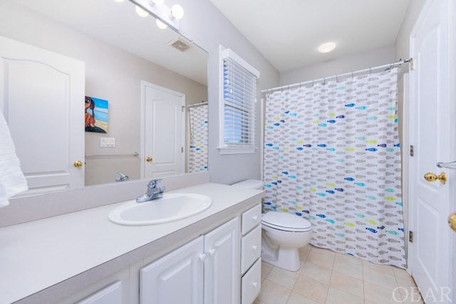 full bathroom with toilet, tile patterned floors, visible vents, vanity, and a shower with curtain