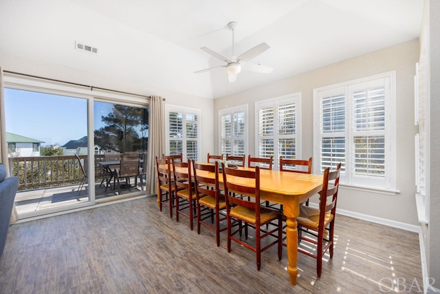 dining space with plenty of natural light, visible vents, and dark wood finished floors