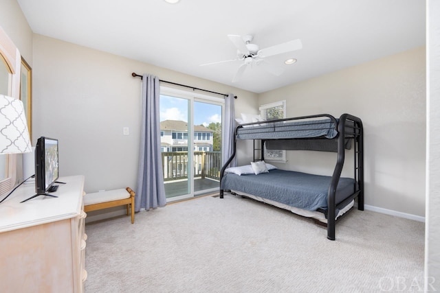 bedroom with ceiling fan, recessed lighting, light colored carpet, baseboards, and access to exterior