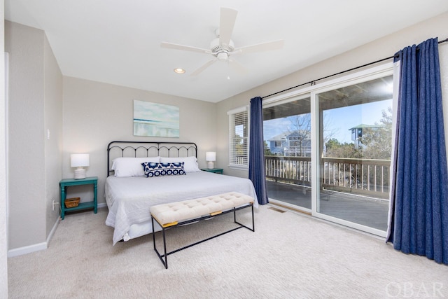 carpeted bedroom featuring access to exterior, recessed lighting, visible vents, a ceiling fan, and baseboards