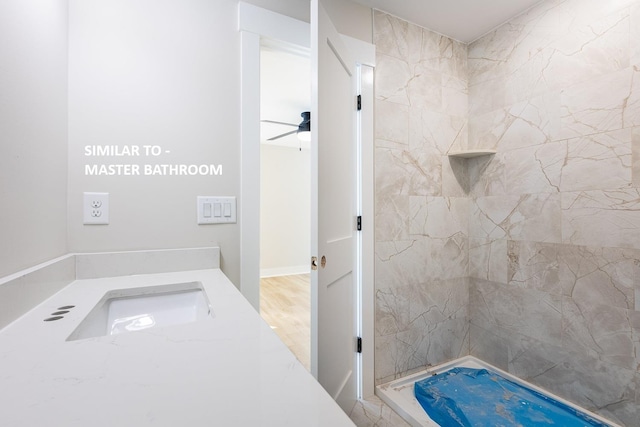 bathroom featuring ceiling fan, wood finished floors, and a sink