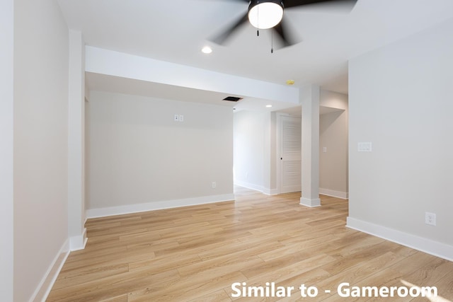 unfurnished room with ceiling fan, light wood-style flooring, recessed lighting, visible vents, and baseboards