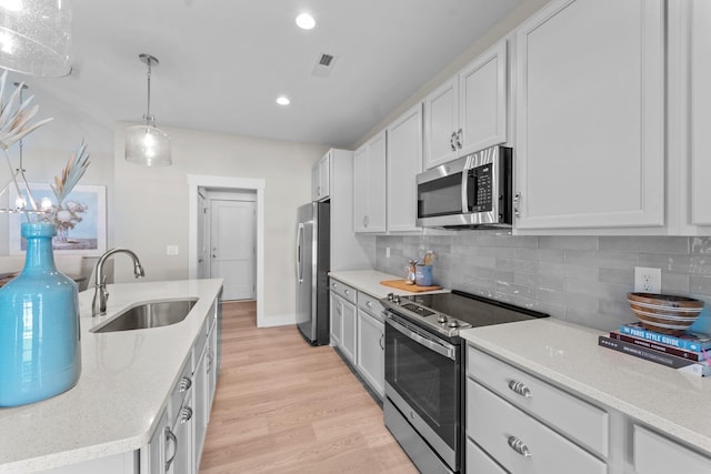 kitchen with a sink, white cabinetry, stainless steel appliances, light wood-style floors, and decorative backsplash