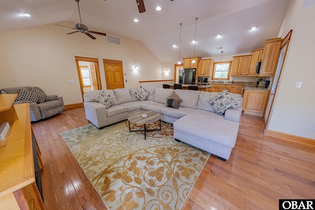 102 Settlers Ln Lot 7R, Duck, NC 27949 - living room with ceiling fan, lofted ceiling, light wood-style floors, and recessed lighting