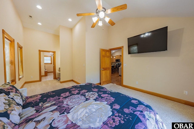 102 Settlers Ln Lot 7R, Duck, NC 27949 - carpeted bedroom featuring high vaulted ceiling, multiple windows, a ceiling fan, recessed lighting, and ensuite bath