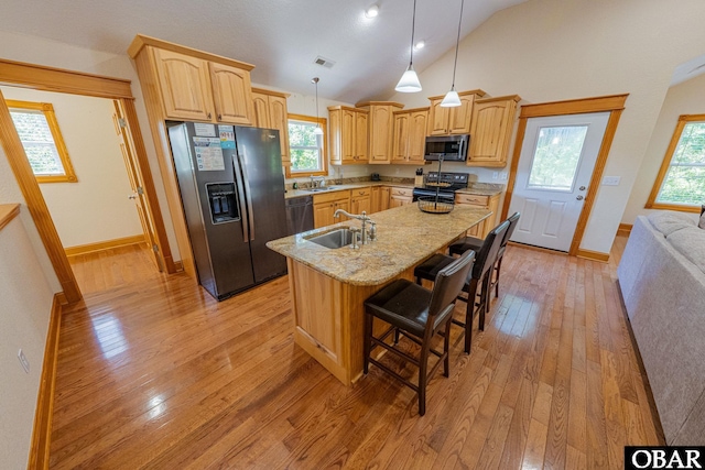 102 Settlers Ln Lot 7R, Duck, NC 27949 - kitchen featuring stainless steel appliances, light wood-style floors, a kitchen island with sink, light stone countertops, and a breakfast bar