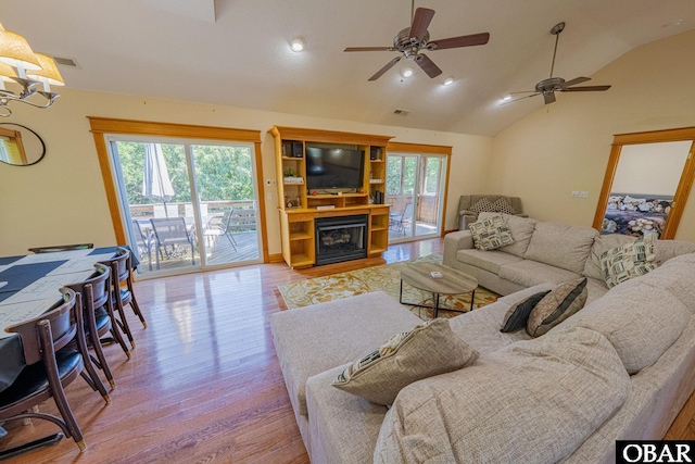 102 Settlers Ln Lot 7R, Duck, NC 27949 - living area with wood finished floors, lofted ceiling, a ceiling fan, a fireplace with raised hearth, and recessed lighting