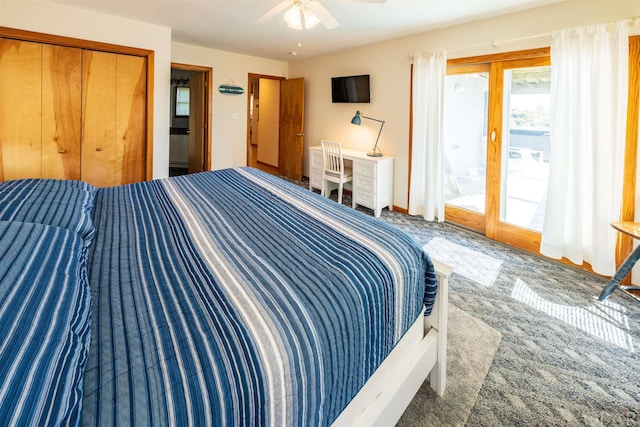 bedroom featuring ceiling fan, access to outside, and carpet floors