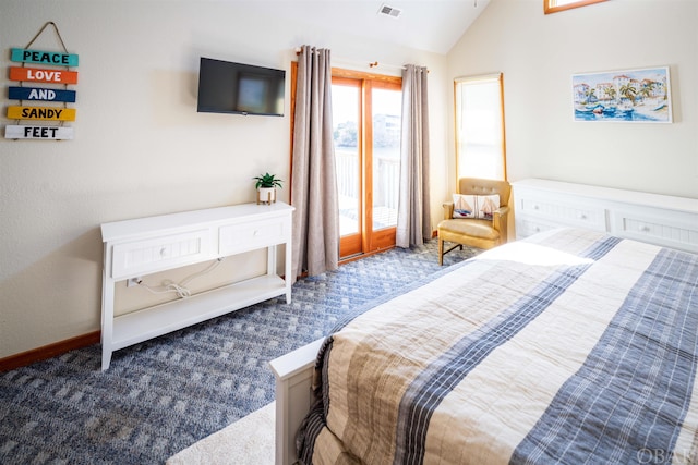 bedroom featuring vaulted ceiling, dark colored carpet, visible vents, and baseboards