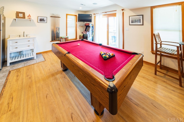 game room featuring billiards, wood finished floors, and baseboards