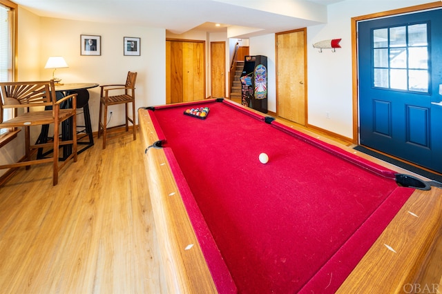 rec room featuring baseboards, wood finished floors, and pool table