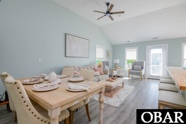 131B Jay Crest Rd Unit 801, Duck, NC 27949 - dining space with light wood-type flooring, ceiling fan, and vaulted ceiling