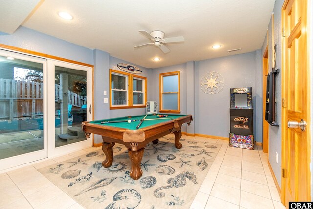 757 Fishermans Ct Lot 66, Corolla, NC 27927 - rec room with billiards, light tile patterned floors, a ceiling fan, visible vents, and recessed lighting