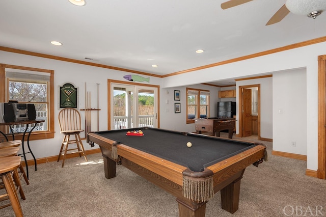 playroom with baseboards, crown molding, and carpet flooring