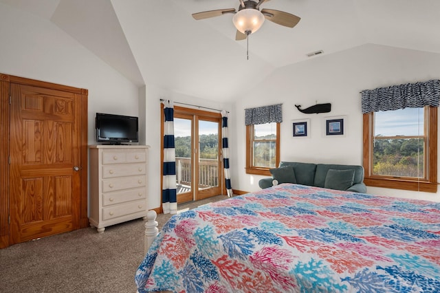 carpeted bedroom with access to exterior, visible vents, vaulted ceiling, and ceiling fan