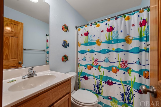 full bathroom featuring a shower with curtain, vanity, and toilet