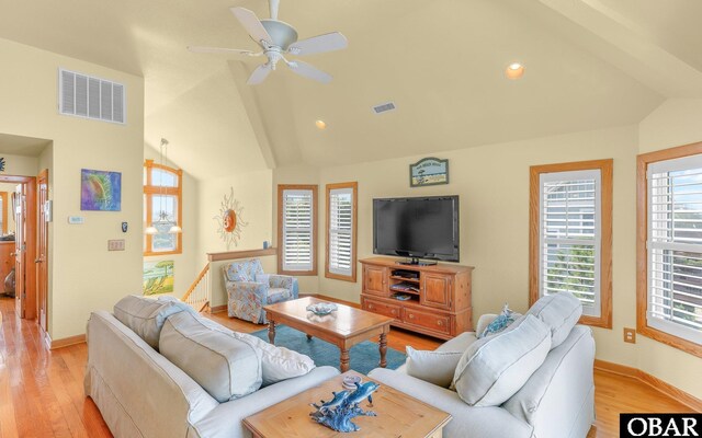 2132 Dolphin Ln Lot 62, Corolla, NC 27927 - living area with vaulted ceiling, light wood-type flooring, a ceiling fan, and recessed lighting