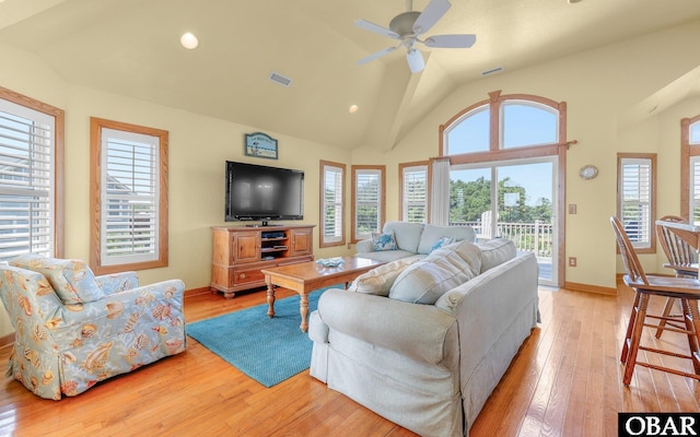 2132 Dolphin Ln Lot 62, Corolla, NC 27927 - living room with vaulted ceiling, a ceiling fan, healthy amount of natural light, light wood-type flooring, and recessed lighting