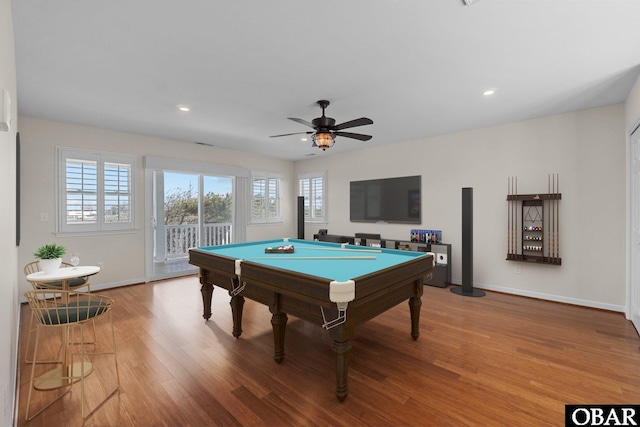 recreation room with light wood-style flooring, a ceiling fan, recessed lighting, pool table, and baseboards