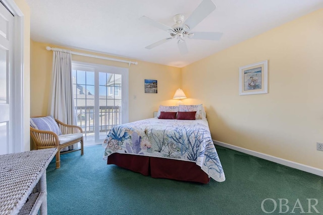 bedroom featuring carpet floors, access to outside, baseboards, and ceiling fan