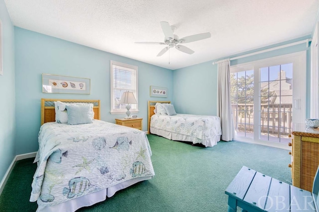 bedroom featuring a textured ceiling, ceiling fan, carpet floors, baseboards, and access to outside