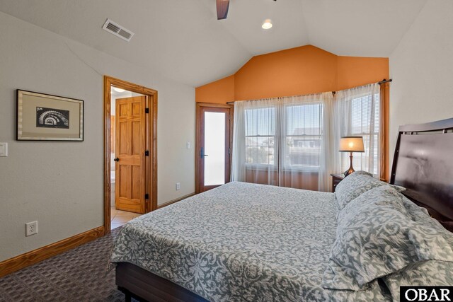 bedroom featuring light carpet, baseboards, visible vents, a ceiling fan, and lofted ceiling