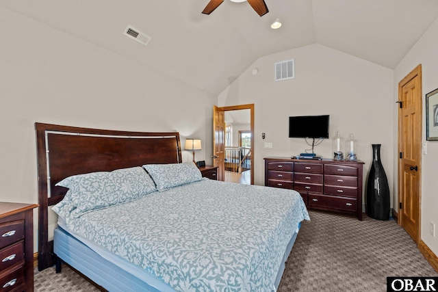 bedroom featuring vaulted ceiling, ceiling fan, light carpet, and visible vents