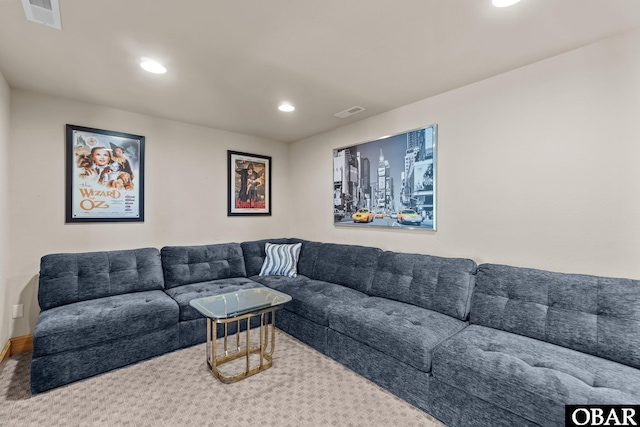 living room featuring recessed lighting, visible vents, and carpet flooring