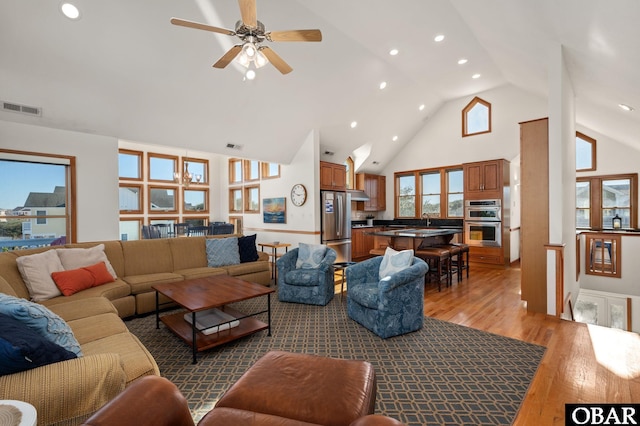 103 Halyard Ct Lot 49, Duck, NC 27949 - living room featuring hardwood / wood-style floors, recessed lighting, high vaulted ceiling, and ceiling fan