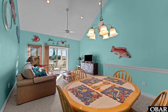 1108 Cambridge Rd Unit 307-I, Kill Devil Hills, NC 27948 - carpeted dining area featuring ceiling fan, high vaulted ceiling, and a chandelier