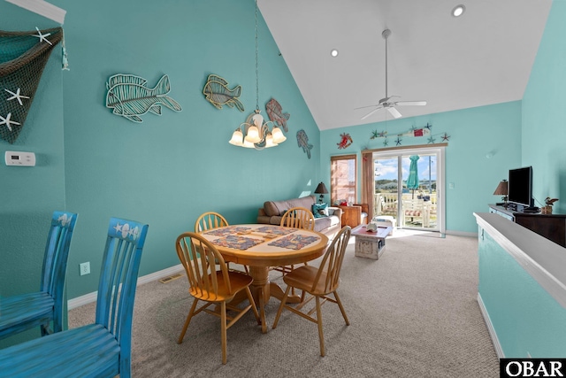 1108 Cambridge Rd Unit 307-I, Kill Devil Hills, NC 27948 - dining area featuring carpet flooring, high vaulted ceiling, and ceiling fan