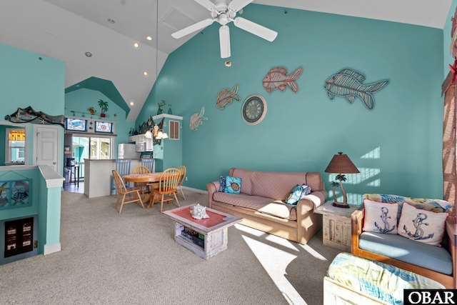 1108 Cambridge Rd Unit 307-I, Kill Devil Hills, NC 27948 - carpeted living room with high vaulted ceiling, ceiling fan, and recessed lighting