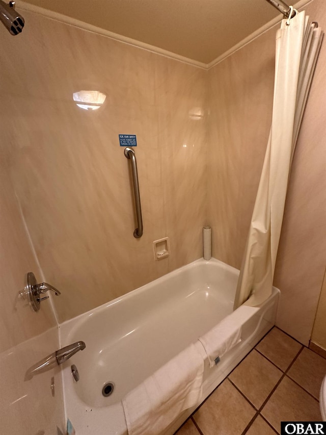 180 Irvin Garrish Hwy Unit 307/308, Ocracoke, NC 27960 - bathroom featuring tile patterned flooring, shower / tub combo with curtain, and ornamental molding