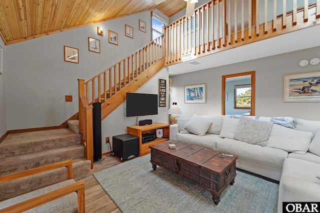 26239 Rampart St Lot 13, Salvo, NC 27972 - living area featuring wood ceiling, high vaulted ceiling, stairway, wood finished floors, and baseboards