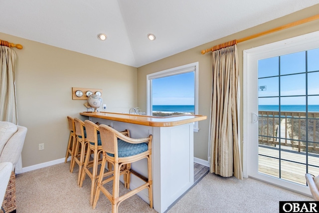 interior space featuring lofted ceiling, a water view, light carpet, and baseboards