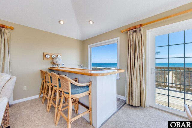 interior space featuring lofted ceiling, a water view, light carpet, and baseboards