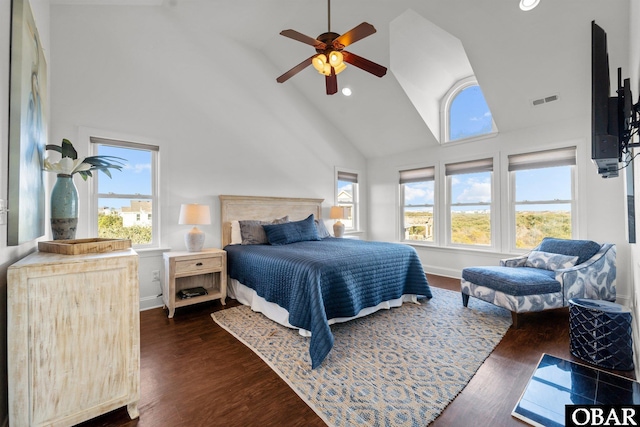 bedroom with high vaulted ceiling, baseboards, visible vents, and dark wood-style flooring