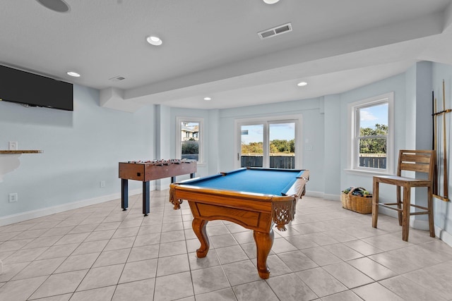 playroom with light tile patterned floors, recessed lighting, pool table, visible vents, and baseboards