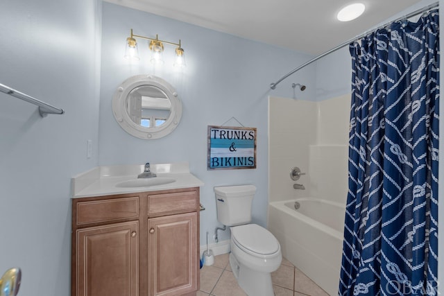 full bath featuring shower / tub combo, vanity, toilet, and tile patterned floors