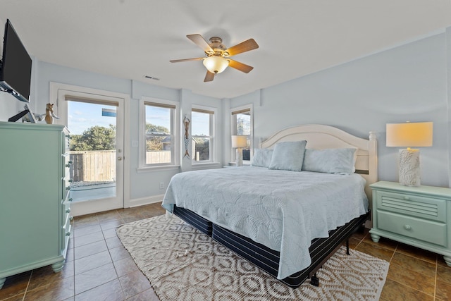 tiled bedroom featuring ceiling fan, access to outside, visible vents, and baseboards