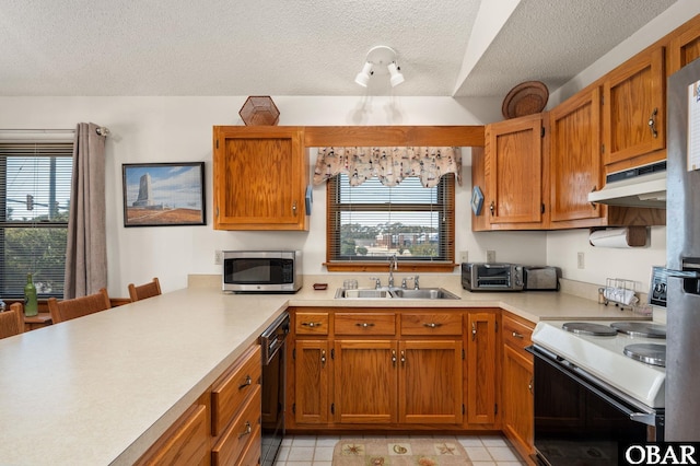 kitchen featuring electric stove, light countertops, stainless steel microwave, a sink, and under cabinet range hood