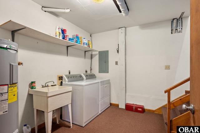 laundry area featuring light carpet, laundry area, electric panel, washing machine and dryer, and water heater