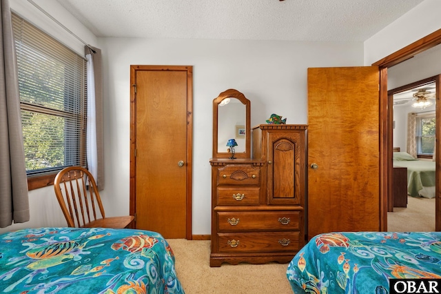 bedroom featuring carpet floors, multiple windows, and a textured ceiling