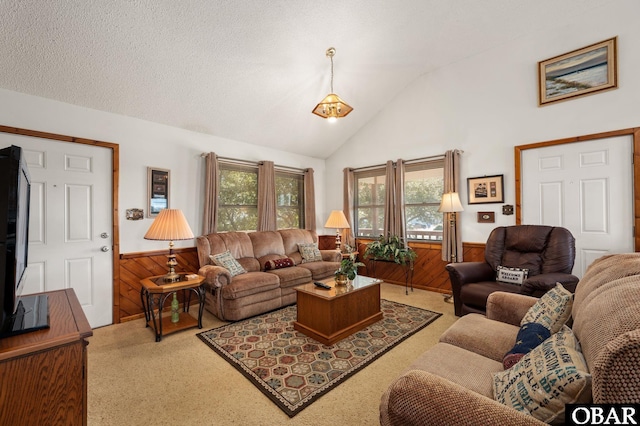 living room with a wainscoted wall, vaulted ceiling, wooden walls, and carpet flooring