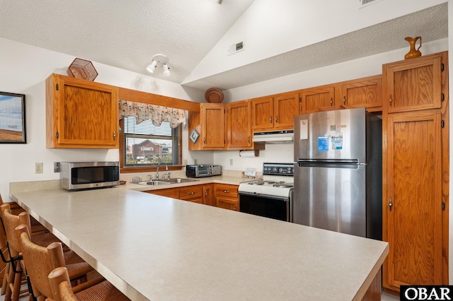 kitchen featuring stainless steel appliances, lofted ceiling, light countertops, a peninsula, and under cabinet range hood