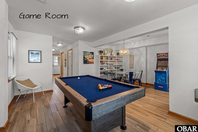 game room featuring baseboards, billiards, and wood finished floors